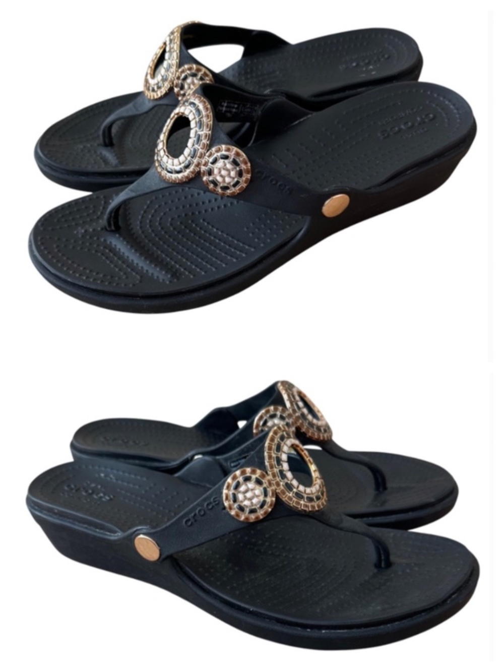 Crocs Sanrah Diamante Sz 10 Wedge Sandals Thong Flip Flops Black Comfort